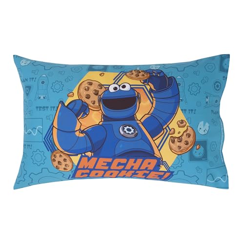 Image of NoJo Sesame Street Mecha Builders Blue, Red, and Gold, with Cookie Monster, Elmo and Abby 4 Piece Toddler Bed Set - Comforter, Fitted Bottom Sheet, Flat Top Sheet, and Reversible Pillowcase