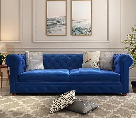 Image of Solid Wood Velvet Fabric L Shape Sofa Sofa for Living Room Button Tufted Sofa Chair for Home & Office (Left Aligned L-Shaped (3 Seater Blue)