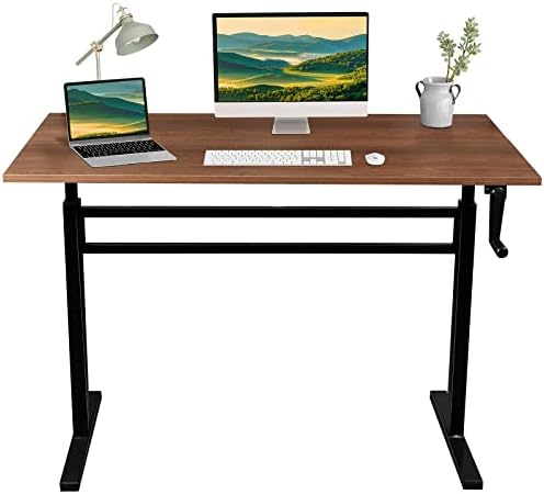 ERGO COMFY Manual Height Adjustable Standing Desk, 48 x 24 Inch Hand Crank Standing Desk with One-Piece Table Top, Sit Stand up Rising Desk, Home Office Computer Workstation, Walnut and Black