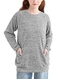 AlisOker Girls Long Sleeve Shirts Casual Tees Raglan Crewneck Sweatshirts Loose Fit Pullover with Pockets for 6-13 Years Light Grey