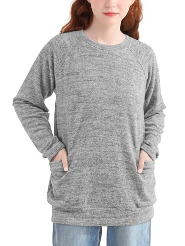 AlisOker Girls Long Sleeve Raglan Shirt Soft Loose Fit Pullover Top Tee with Pockets Casual Sweatshirt for 6-13 Years Light Grey