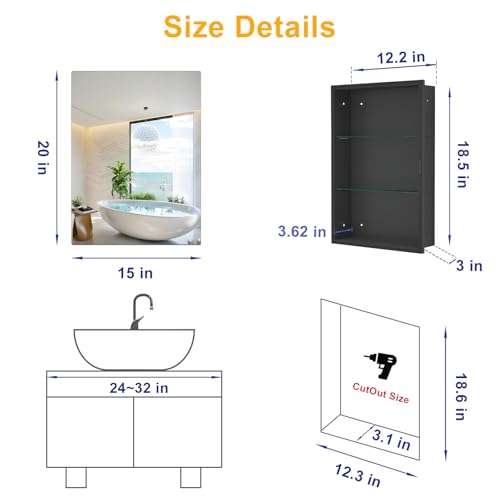 Armario de medicamentos negro de 15" x 20", para empotrar o montar en superficie, con espejo de vidrio templado y armario metálico completo, 2 estantes estables y extraíbles, apertura izquierda o derecha miniatura 2