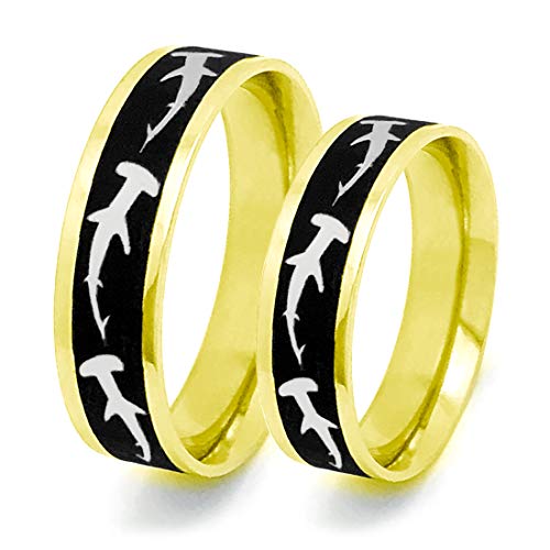 Kriskate & Co. His and Her Personalized Stainless Steel Ring Gold Tone Shark Ring Hammer Head SSR775-G (Men's Ring (1pc), 11)