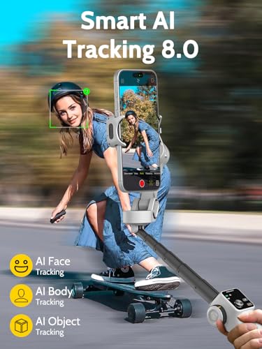 Image of AOCHUAN Cellphone Gimbal for Video Recording w /AI Tracking,3 -axis Vlogging Gimbal stabilizer for iPhone w /OLED Display, Smartphone Holder w /7.8' Extension Rod, Trigger Button Smart V8(White)