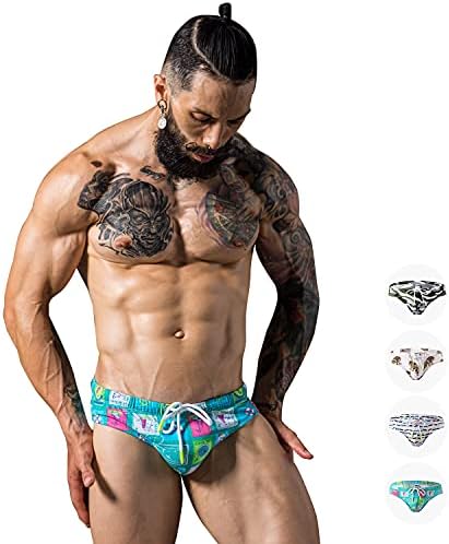 F plus R Men's Low Rise Swimwear Briefs Print Bikini Swimsuit Adjustable Drawstring Removable Pad Beach Elements Green Small