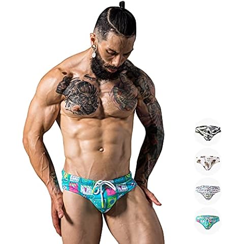 F plus R Men's Low Rise Swimwear Briefs Print Bikini Swimsuit Adjustable Drawstring Removable Pad Beach Elements Green Small Cover