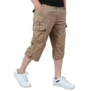 KEFITEVD 3/4 Décontracté Shorts pour Homme Taille Élastique Coton Pantalon de Travail D’extérieur Eté Cargo Shorts avec Poches