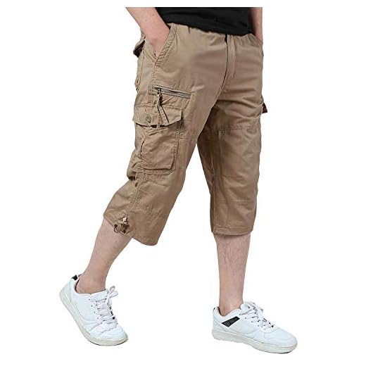 KEFITEVD 3/4 byxor herr cargo shorts män Bermuda shorts flera fickor sommar korta byxor bomull arbetsbyxor elastiskt midjeband ledig