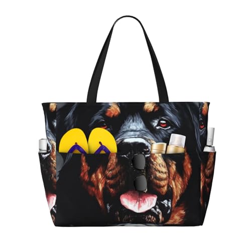 Beach Bags For Women Large Waterproof Sandproof Beach Tote Bag Lightweight Zipper Carry On Bag Cool Rottweiler Dog Art Pool Bag For Gym Travel Vocation