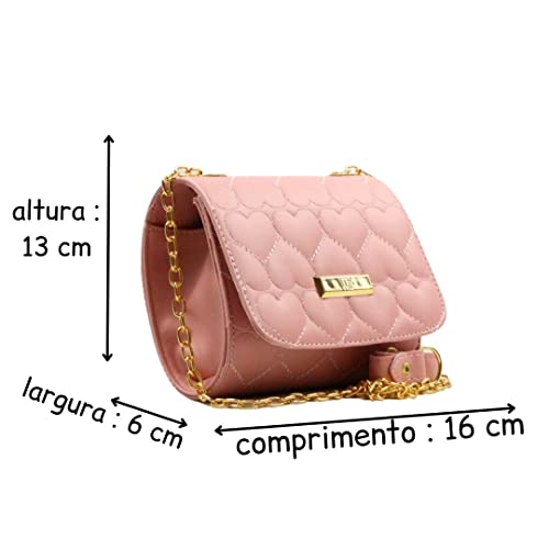 Bolsa Clutch Tiracolo Feminina Com Alça Em Corrente e Bordado em Coração (ROSA)