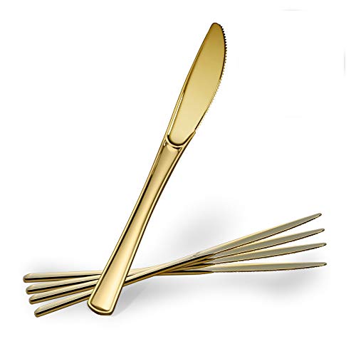 Plasticpro Disposable Heavy Duty Gold Plastic Knives Fancy Plastic Silverware Looks Like Real Gold Cutlery - Utensils Great for Catering Events Restaurants Parties and Weddings Pack of 40