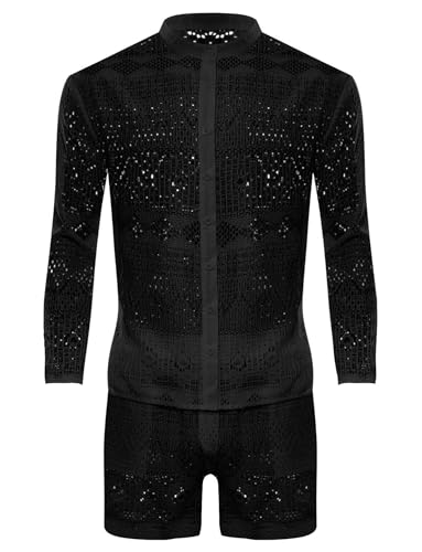 FEOYA Men's 2 Piece Hollow Out Lace Long Sleeve Button Down Shirt Elastic Waist Shorts Outfits Tracksuit2