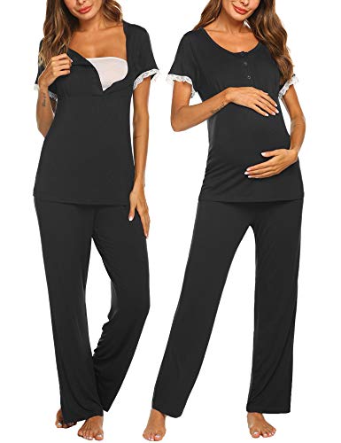 Image of Ekouaer Nursing Pajama Set Comfortable Tops Front Button Loose Pants Set For Pregnant Woman Maternity Breastfeeding Pajamas Black