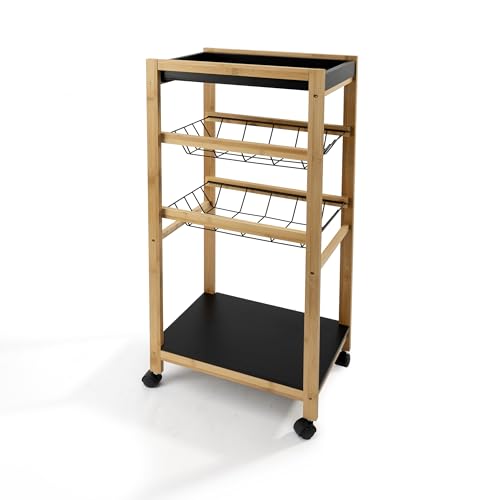LIN HOME Carrito de Cocina Auxiliar de Madera y Bambu 35x24.5x86cm con Ruedas, 2 Estantes de Madera + 2 Cestas de Metal Extraibles Color Natural y Negro