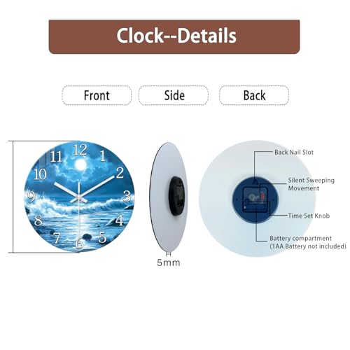 Image of XFM Moon Ocean Wall Clocks Battery Operated 16 Inch Blue Silent | Non Ticking Round Analog Beach Themed Modern Glass Nature Decorative for Living Room Kitchen Bedroom Decor