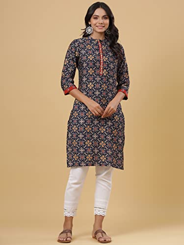 Image of Juniper Women's Navy Printed Straight Knee Length Kurta