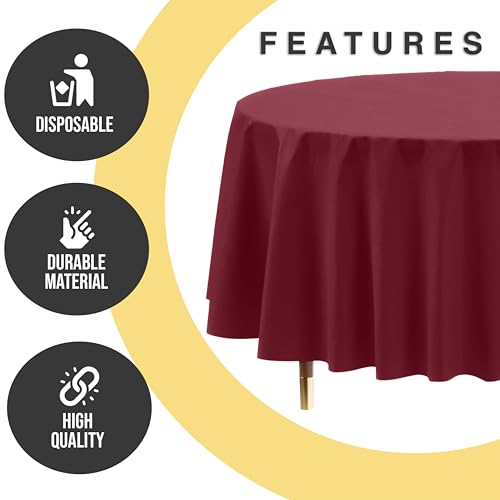 Image of Exquisite 66% Thicker Premium Burgundy Round Tablecloth 0.5 Mil 24 Pack Plastic Table Cloth Disposable 84 Inch Round Plastic Tablecloth Won't Tear Easily Like Cheap Thin Brands
