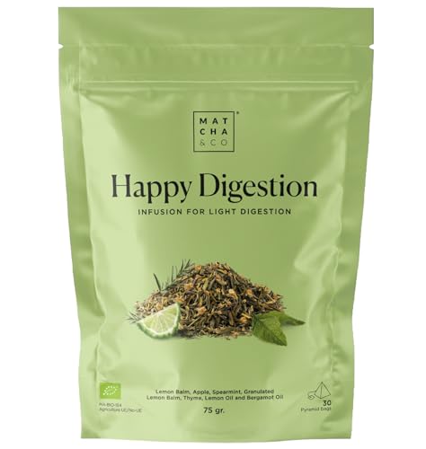 Matcha & CO Infusión Happy Digestion, 30 dosis de infusión digestiva con hierbas naturales para aliviar la hinchazón y facilitar la digestión, Óptimo después de las comidas para recuperar la ligereza