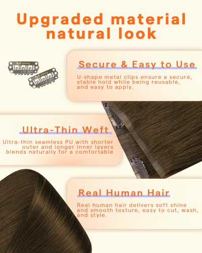 Image of Full Shine Seamless Clip in Hair Extensions Human Hair, Natural Brown | Hair Extension Clip ins, 12 Inch, 95g, 8 Pcs, Straight PU Weft, Fine Hair, Lightweight Daily Wear