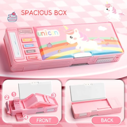Image of FINEMOE Pink Unicorn Pencil Case for Girls & Boys - Double-Layer, Double-Sided Pencil Box for Kids, Aesthetic Stationary Set for School Students, Large Capacity Geometry Box, Unique Stationery Gifts
