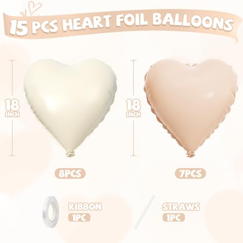 Cream White Beige Heart Balloons,15Pcs 18Inch Sand White Heart Shaped Foil Ballons,Retro Apricot Helium Balloon for Valentine's Day Baby Shower Birthday Anniversary Wedding Party Decorations by FEYG - Used condition - Image 2