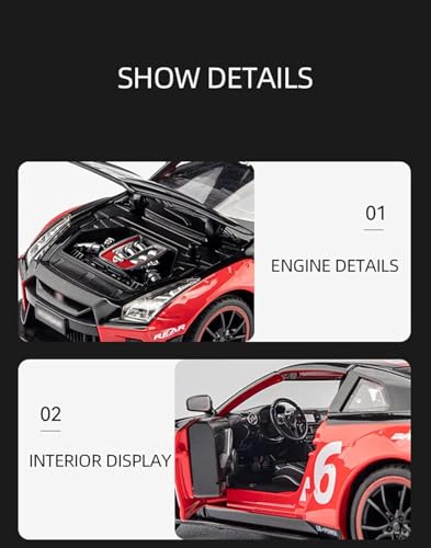 Image of 1:24 Nissan GTR R50 Diecast Model Car | Alloy Metal Pull Back Toy Vehicle with Sound, Light & Openable Doors | Racing Car Toy for Kids & Collectors (RED)