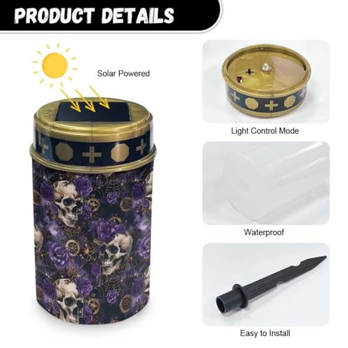 Image of Skull Rose LED Solar Lights for Patriotic Landscape Waterproof Solar Power Light Flameless Candle for Cemetery Grave Halloween Decorations 2 Pcs