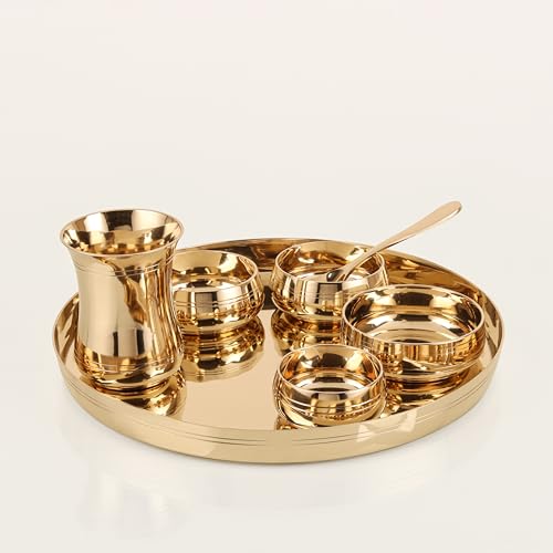 Image of The healing store 7-Piece Kansa Solid Dinner Set|Shine Finish|1 Plate (11.5 inch Thali),3 Bowls,1 Glass,1 Sweet Dish Plate,1 Spoon | Bronze Kansa Dinner Set 7 Shine Polish