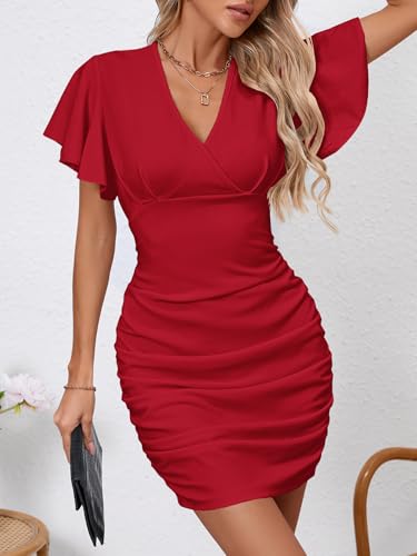 Image of Women's Sexy V Neck Ruffle Sleeve Bodycon Mini Cocktail Party Dress Casual Short Sleeve Work Dress