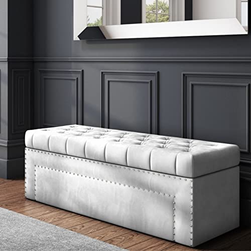 R&M Furnishers Duke Ottoman storage Box - Plush Velvet Storage ottoman with Crystal Nails- Ottoman Footstool with Storage - Chesterfield Upholstered Coffee Table- end of bed storage bench (Silver)