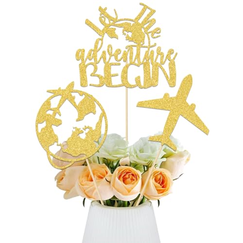 Lot de 12 bâtons de centre de table « Let the Adventure Begin » sur le thème du voyage - Décorations de fête - Fournitures de fête - Paillettes dorées