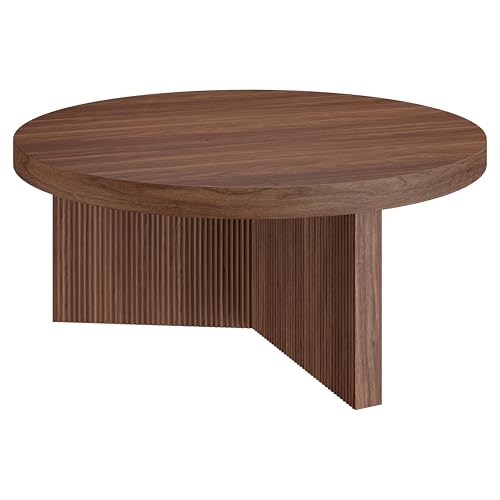 Henn&Hart 36' Fluted Round Low-Profile Coffee Table with Ribbed Pedestal Base Living Room, Family Room, or Office, Medium Walnut