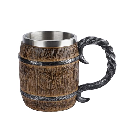 Jiakalamo Grote bierpul in Vikingbeker houtstijl met handvat, retro whisky bierpul van hars, renaissance-accessoires voor bars en restaurants (kleur: vintage)