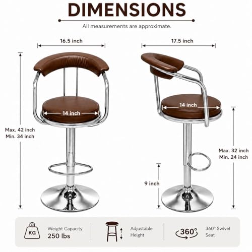 Image of Kemon Modern Adjustable Swivel Bar Stool Chair with Backrest, PU Leather Hydraulic Counter Stool with Footrest for Kitchen Island, Cafe & Home Bar (1, Brown, Round Barrel Stool)