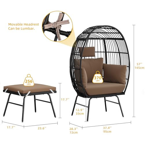 DWVO Outdoor Egg Chair with 2-in-1 Footrest, Patio Wicker Basket Chair with Ottoman, Indoor Egg Chairs with Cushion, Boho Cocoon Chair for Outside, Bedroom, Brown