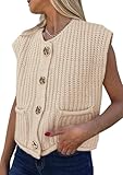 PRETTYGARDEN Women's Summer Sweaters Vest 2025 Sleeveless Button Down Cropped Pockets Chunky Knit Cardigan Trendy Tank Tops (Beige,X-Large)