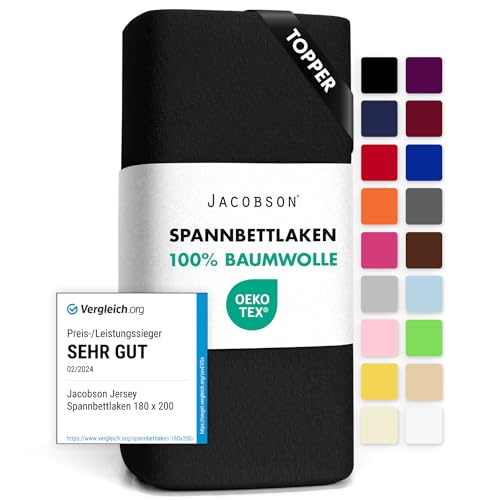 Jacobson Jersey Spannbettlaken Spannbetttuch Baumwolle Bettlaken (Topper 180-200x200 cm, Schwarz)