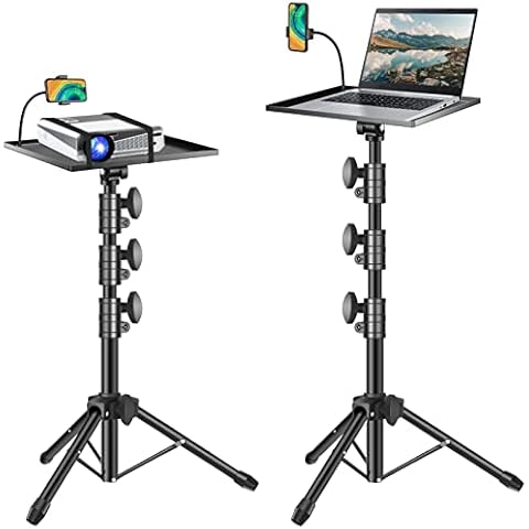 OUKMIC Projector Stand Tripod, Portable Laptop Floor Stands Adjustable Height 26 to 52 Inch with Gooseneck Phone Holder for Outdoor Movies-Detachable Computer DJ Racks. Cover