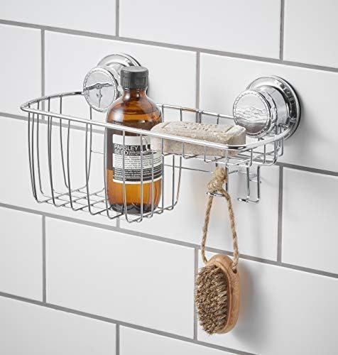 BM Home - Extra Strong Suction Multi Purpose Shower Caddy with Hooks - Combo Bathroom Organizer Shelf - Shampoo, Soap and Razor Storage Basket - Rust Resistant Chrome