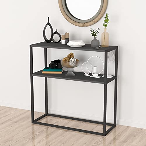 [en.casa] Table Console pour Salon Table d'Appoint Rectangulaire avec Surface de Rangement Panneau de Particules Métal 90 x 90 x 34 cm Anthracite Noir