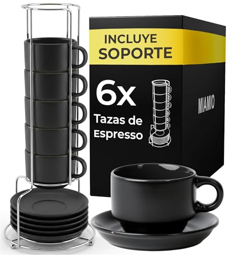 MIAMIO 6 x 75 ml Tazas Cafe Espresso De Cerámica de Gres - Juego De Tazas De Café con Plato - Le Papillon Colección (Negro)