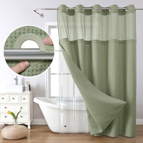 FY&XZH 2-in-1 No Hook Waffle Shower Curtain Set with Mesh Top, Hotel-Style Fabric Curtain with PEVA Liner, Built-in Grommets, No Hook Required Waffle Sheer Shower Curtain, 72"x75" (Green) by FY&XZH - Used condition - CA$18.80