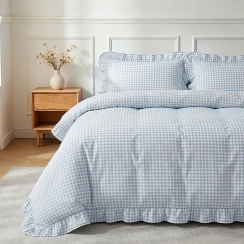 Image of Nayoroom Gingham Duvet Cover Queen Size Blue Ruffle Plaid Checkered Duvet Cover 3 Pieces Soft Washed Microfiber Vintage Farmhouse Dorm Bedding Set Gifts for Women Men