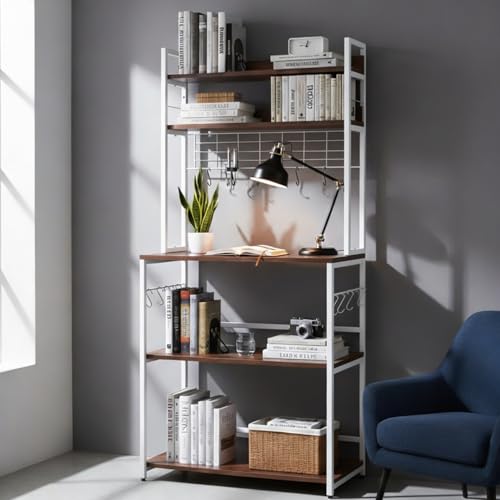Image of wow craft 5-Tier Storage Rack with White Frame | Multipurpose Kitchen Microwave Stand, Bookshelf & Office Organizer | Heavy Duty Metal Frame Shelf, Space Saving Rack, Easy Assembly