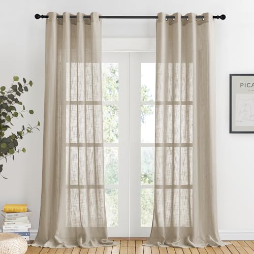 NICETOWN Sheer Linen Taupe Curtain Privacy for Windows, Grommet Top Natural Linen Blend Textured Light Filter Window Treatment for Bedroom/Living Room, W52 x L95, 1 Piece