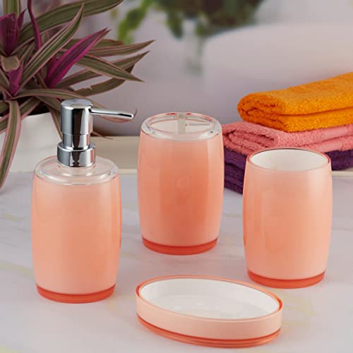 Image of Kookee Acrylic Bathroom Set - Stylish 4 Piece Bath Accessories Kit with Soap Dispenser, Toothbrush Holder, Tumbler & Soap Dish - Modern & Designer Decor for Home & Guest Bathrooms (8332)