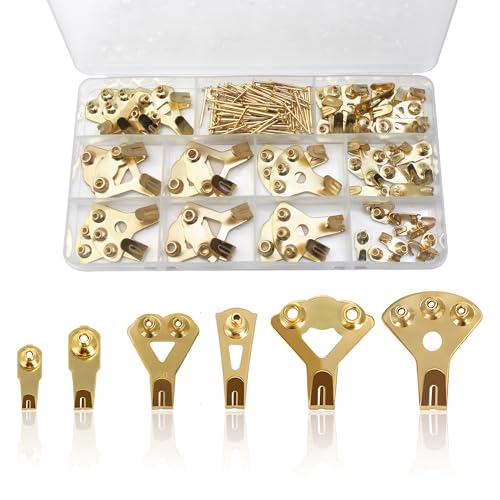 Image of 120Pcs Picture Hook Set in 6 Sizes (10LB /20LB /30LB /50LB /75LB /100LB) and 71pcs Nails, Wall Mounting Various Decorative Items, Frames, Photos, Mirrors, Picture Hooks, Clocks and Clothing Holders (Gold)