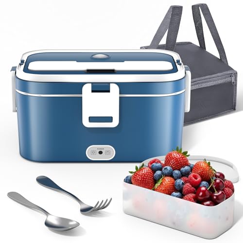 Anykuu Elektrische Lunchbox 100W 1 8L 3-in-1 12V/24V/220V Lunchbox elektrisch mit Edelstahl Gabel Löffel tragbare beheizte Lunchbox für Berufstätige Studenten Fernfahrer & Reisende