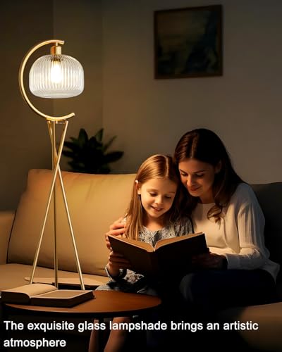 Image of Lightdot Tripod Floor Lamp for Living Room, Gold Standing Lamp with Clear Glass Lampshade, Farmhouse Tall Lamp for Bedroom, Arced Reading Light for Home Office /Sofa Beside /Corner Decor(Bulb Included)