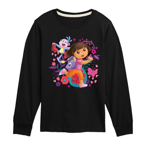 Dora The Explorer - Boots Backpack Map with Flowers - Toddler and Youth Long Sleeve Graphic T-Shirt